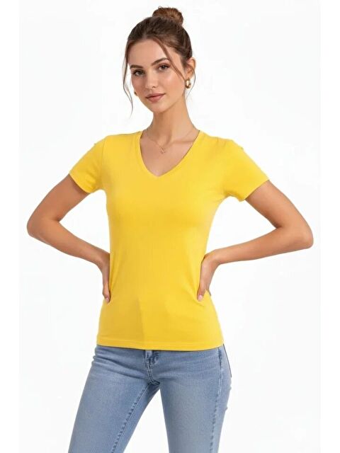 Jane's T-Shirt V Yaka Slim Fit Elastanlı Tişört Günlük Basic Body - Sarı
