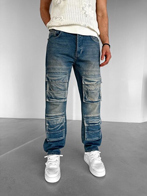 Abluka Online Erkek Baggy Fit Çok Cepli Premium Jean Pantolon Mavi - S000240480-17234