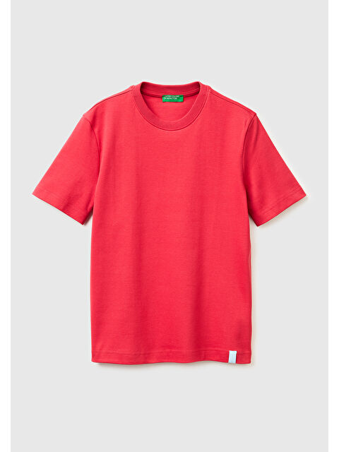 United Colors Of Benetton Kadın Kırmızı %100 Pamuk Etek Ucu Logo Detaylı Bisiklet Yaka T-Shirt