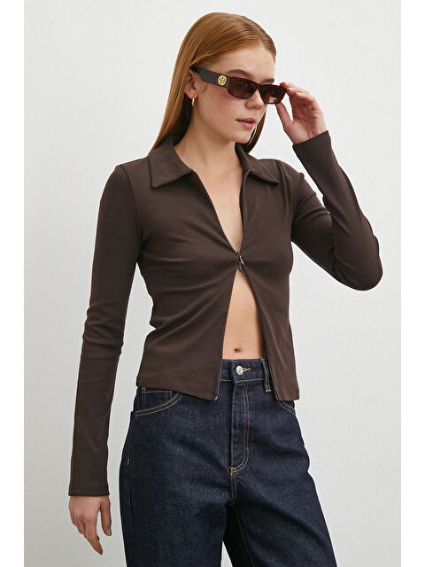 Never More Yakalı Çift Fermuarlı Bluz Kahve - S000487627-23173