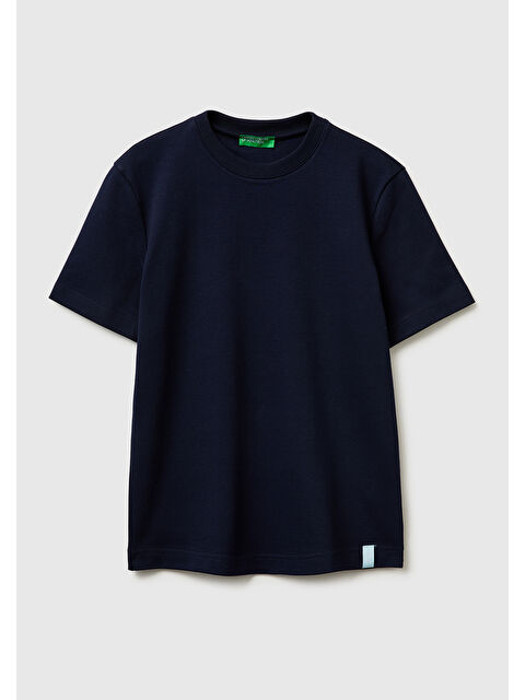 United Colors Of Benetton Kadın Lacivert %100 Pamuk Etek Ucu Logo Detaylı Bisiklet Yaka T-Shirt