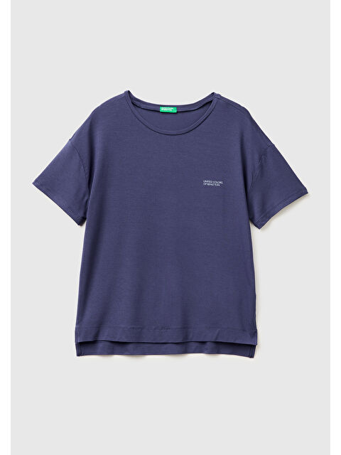 United Colors Of Benetton Kadın Koyu Mavi Modal Karışımlı Logolu Kısa Kollu Yuvarlak Yaka T-Shirt