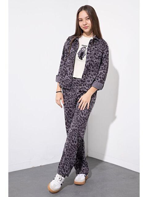 Cansın Mini Antrasit Leopar Desenli Ceketli ve Pantolonlu Kız Çocuk Badili 3lü Takım 23549 - S000502774-29666
