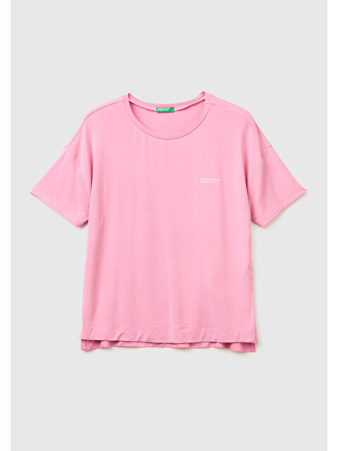 United Colors Of Benetton Kadın Pembe Modal Karışımlı Logolu Kısa Kollu Yuvarlak Yaka T-Shirt