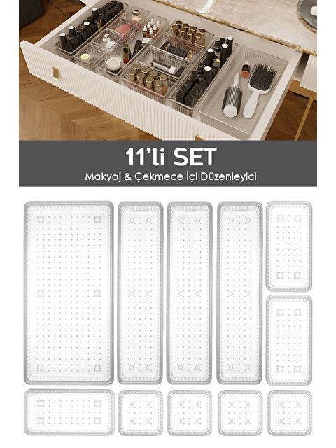 Meleni Home 11li Çekmece İçi Çok Amaçlı Organizer Kozmetik Takı Makyaj Organizeri Dolap İçi Düzenleyici Şeffaf - S000385522-26865
