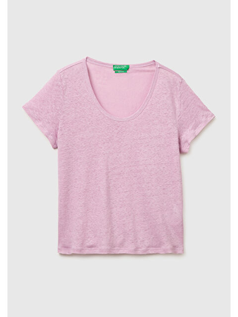 United Colors Of Benetton Kadın Açık Pembe %100 Keten Geniş Yaka Kısa Kollu T-Shirt