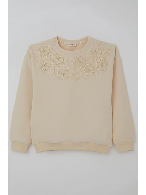 Breeze Kız Çocuk Sweatshirt İncili Çiçek Nakışlı Krem (9-14 Yaş) - S000527306-19966
