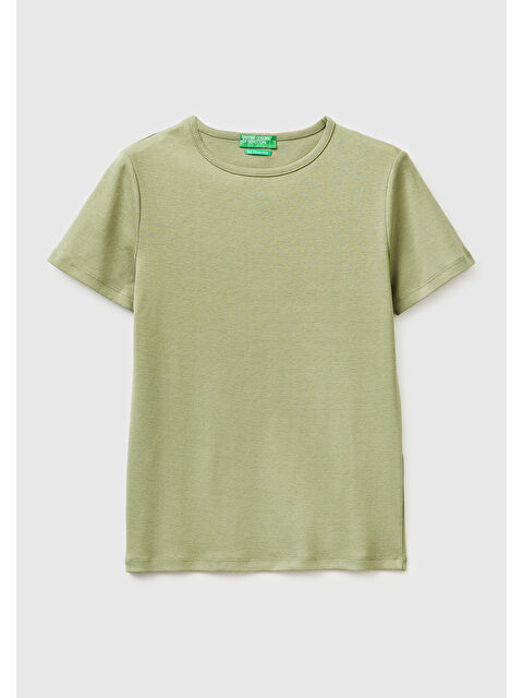 United Colors Of Benetton Kadın Haki %100 Pamuk Bisiklet Yaka T-Shirt