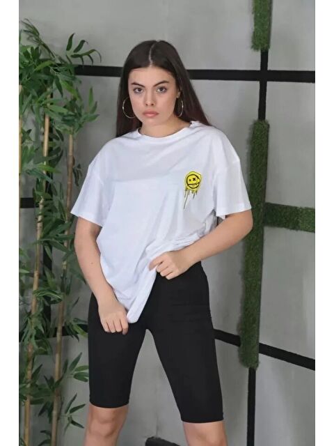Jane's Unisex Bisiklet Yaka Baskılı Oversize T-Shirt - Beyaz