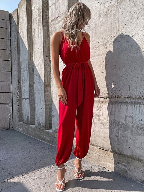 Jane's Kadın Ip Askılı Kruvaze Yakalı Belden Kuşaklı Uzun Sandy Tulum