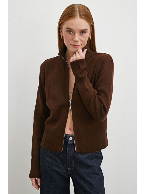 Never More Çift Fermuarlı Triko Hırka Kahve - S000487633-23173