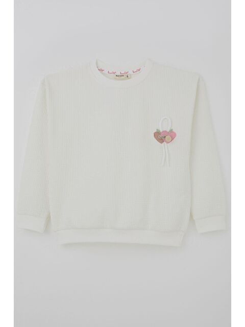 Breeze Kız Çocuk Sweatshirt Waffle Dokulu Kalpli Ponponlu Arma Detaylı Ekru (5-9 Yaş) - S000527307-19965