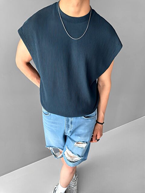 Abluka Online Erkek Oversize Fitilli Kolsuz Kolsuz Tişört Petrol Mavi - S000236540-20019