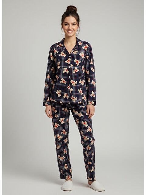 Tofisa Ayıcık Baskılı Pijama Takımı Lacivert - 27945-LACIVERT - S000463940-21164