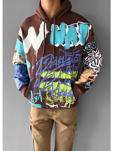 Abluka Online Erkek Oversize Graffiti Kapüşonlu Sweatshirt Kahverengi - S000107379-19413