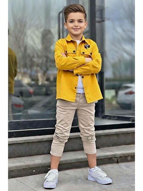 Riccotarz Erkek Çocuk Sırt Baskılı ÇıtÇıt Düğmeli Sarı Gömlek Dar Kesim Pantolon Alt Üst Takım - S000515138-20072