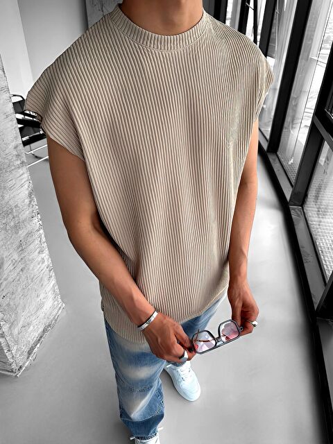 Abluka Online Erkek Oversize Fitilli Kolsuz Kolsuz Tişört Bej - S000236540-19928