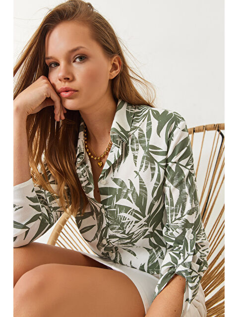 SHADE Kadın Kol Katlamalı Yaprak Desenli Viskon Gömlek - S000377306-18194