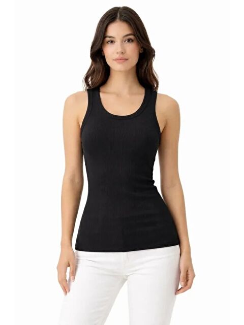 Jane's Fitilli Elastanlı Kaşkorse Atlet Vücuda Oturan Basic Şıklık - Siyah