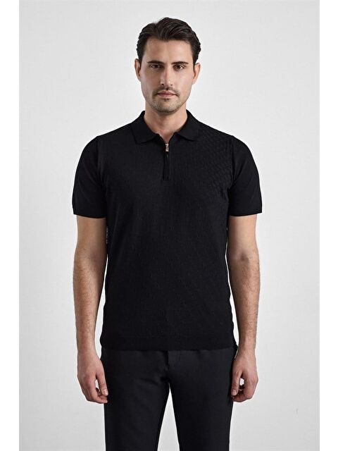 Süvari Siyah Regular Düz Fermuarlı Polo Yaka Kazak