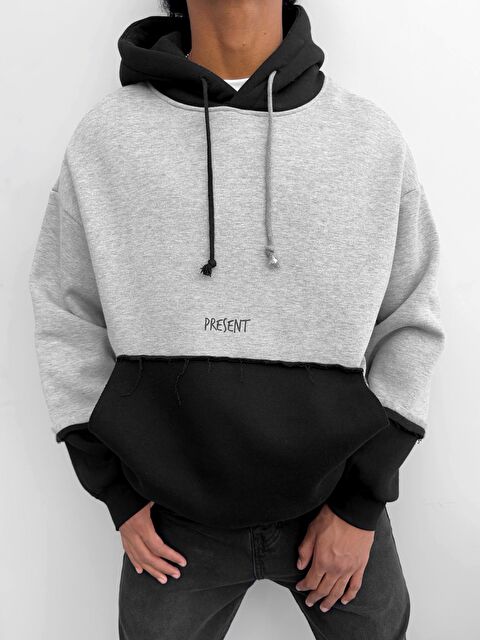 Abluka Online Unisex Oversize Çift Renkli Kapüşonlu Erkek Hoodie Gri - S000080079-20600