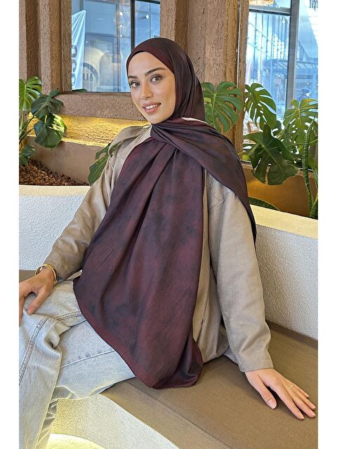 Lamelif Bulut Desen Bambu Şal Koyu Bordo - S000529581-19952