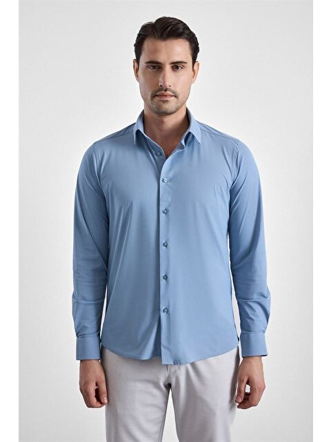 Süvari Buz Mavi Slim Klasik Yaka Düz Casual Gömlek