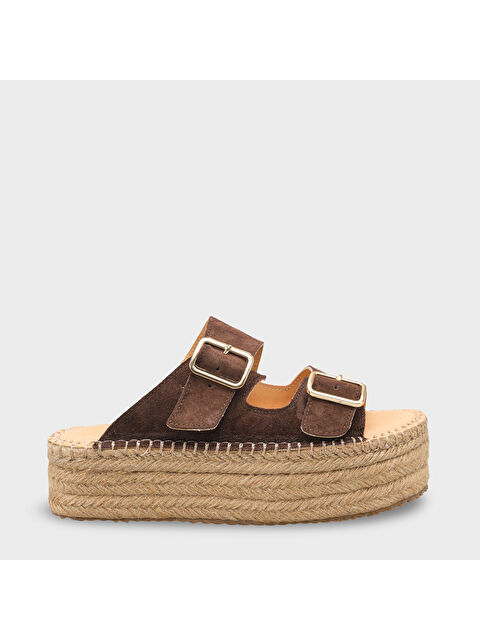 Capone Outfitters Joellyn Hakiki Deri Süet Espadril Tabanlı Kadın Terlik