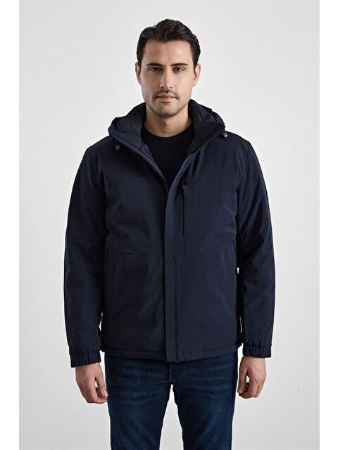 Süvari Lacivert Slim Klasik Yaka Düz Yan Cepli Fermuar Kapitone Rüzgar Geçirmez Mont