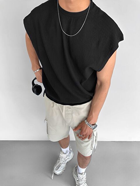 Abluka Online Erkek Oversize Fitilli Kolsuz Kolsuz Tişört Siyah - S000236540-19351