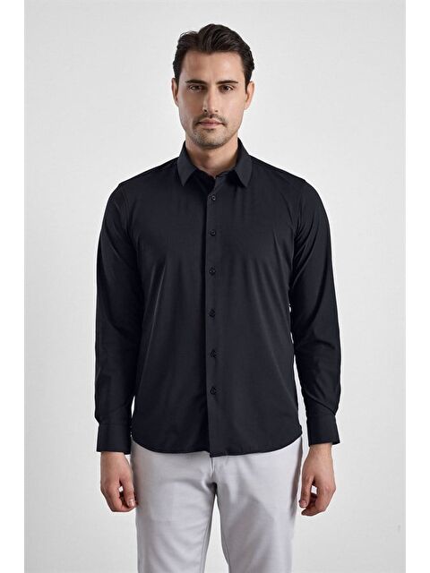 Süvari Siyah Slim Klasik Yaka Düz Casual Gömlek