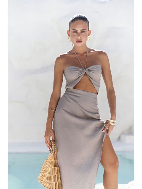 Bohemai Abrossa Boyundan Bağcıklı Asimetrik Füme Keten Elbise - S000393129-33408