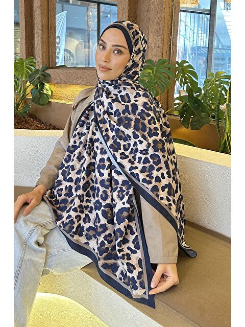 Lamelif Leopar Desen Bambu Şal Lacivert - S000529662-21164