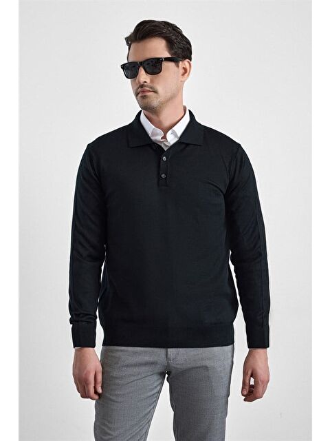 Süvari Siyah Regular Düz Düğmeli Polo Yaka Kazak