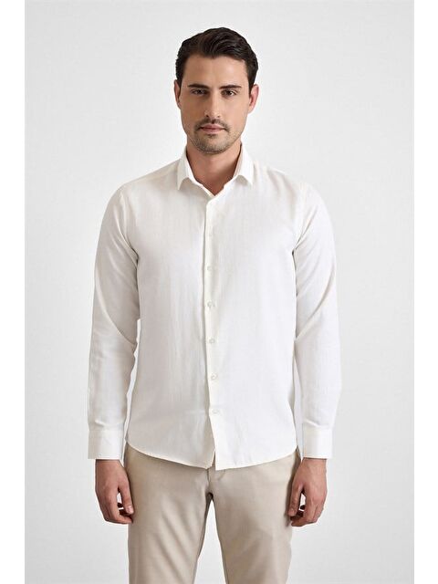 Süvari Ekru Slim Klasik Yaka Casual Gömlek