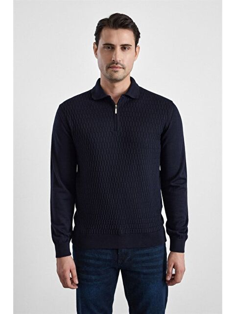 Süvari Lacivert Regular Fermuarlı Polo Yaka Kazak