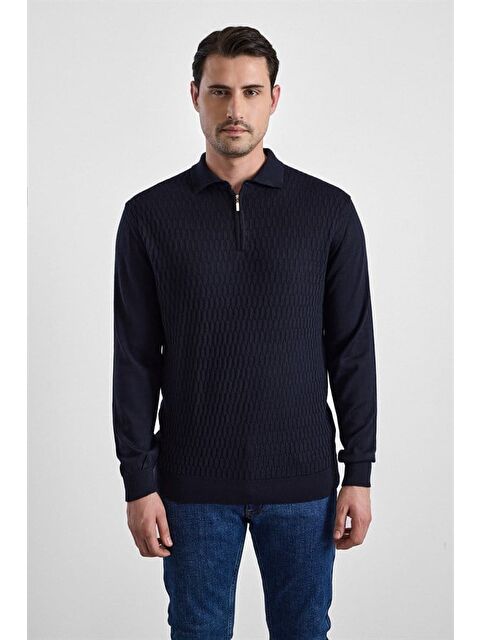 Süvari Siyah Regular Fermuarlı Polo Yaka Kazak