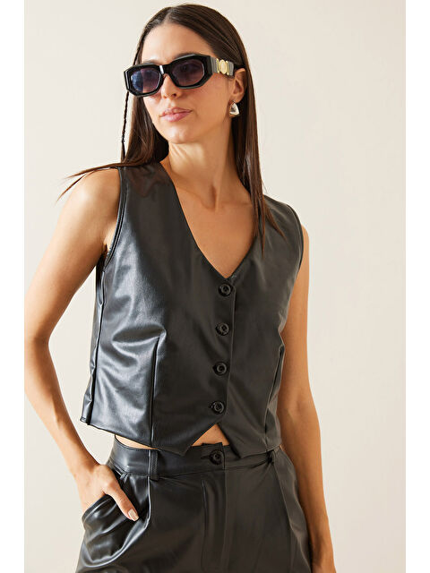Xhan Siyah Deri Crop Yelek 5KXK4-48963-02 - S000280913-19351