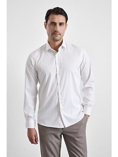 Süvari Bej Slim Klasik Yaka Casual Gömlek