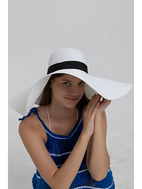Luminos Butik Beyaz Kurdelalı Ekstra Geniş Hasır Şapka HSR2039