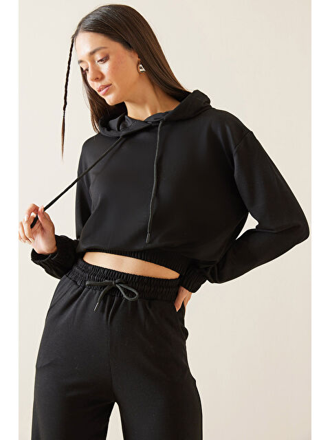 Xhan Siyah Kapüşonlu  Crop Sweatshirt 5KXK8 48964 02 - S000280919-19351