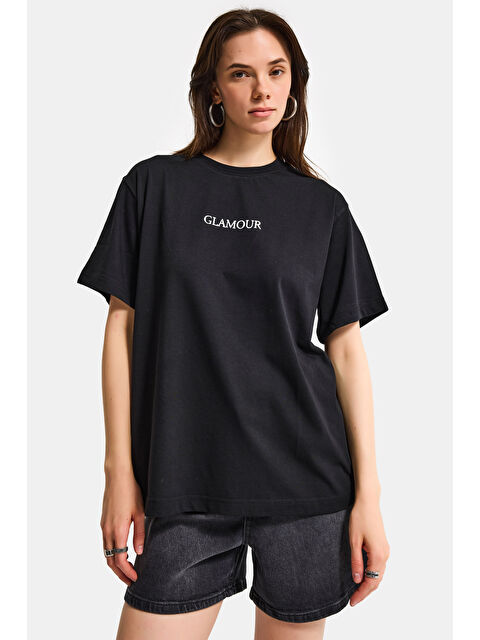 It's Basic Kadın Siyah s6-1 Oversize Glamour Baskılı %100 Pamuk T-Shirt