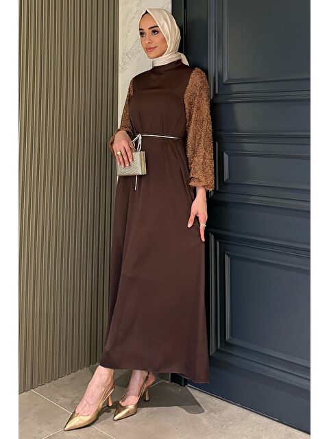 Julude Kolları Güpürlü Taşlı Bel Bağcıklı Tesettür Saten Abiye Elbise - S000386605-19413