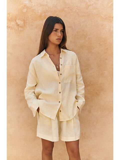 Bohemai Gaelil Oversize Sarı Keten Gömlek Şort Takım - S000393131-20072