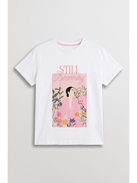 QUZU Çiçek Figür Baskılı Bisiklet Yaka Tişört Ekru