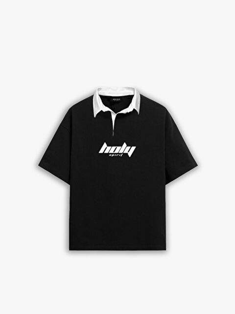 Abluka Online Oversize Polo Yaka Dokulu Esnek Rahat Baskılı Tişört Siyah - S000176083-19351