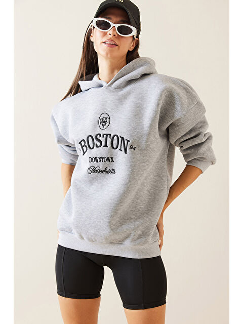 Xhan Gri Kapüşonlu Nakışlı Sweatshirt 5KXK8 48984 03 - S000280925-20600