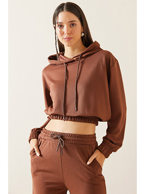 Xhan Kahverengi Kapüşonlu  Crop Sweatshirt 5KXK8 48964 18 - S000280919-19413