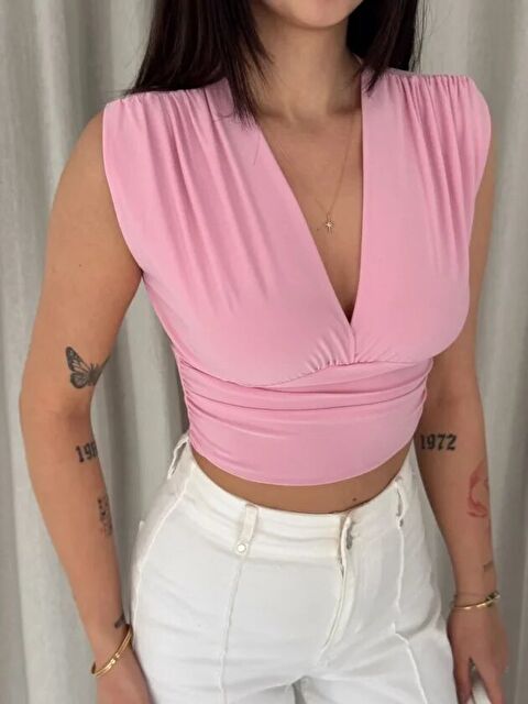 Jane's Vatkalı Kolsuz V Yaka Drapeli Crop Bluz Elastanlı Fit - Pembe