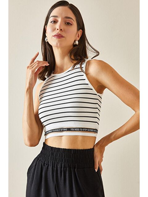 Xhan Beyaz Çizgili Bisiklet Yaka Askılı Crop Bluz 5YXK2-48671-01 - S000229759-20063